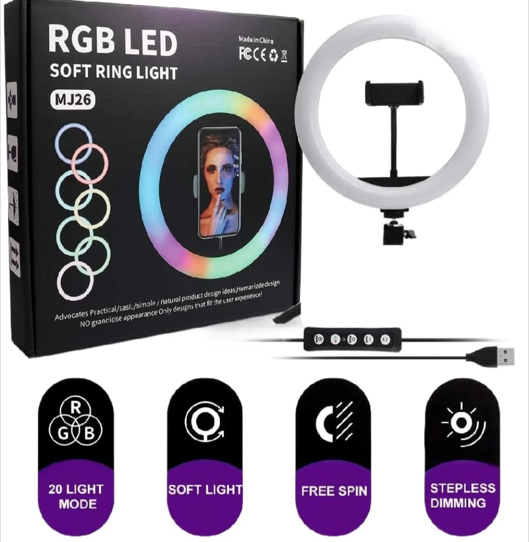 RGB Dimmable LED Selfie Ring Light – Full Color with Phone Holder